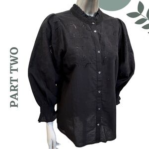 Part Two Black Statement Blouse | Eyelet Embroidered Puff Sleeve Shirt Size 8